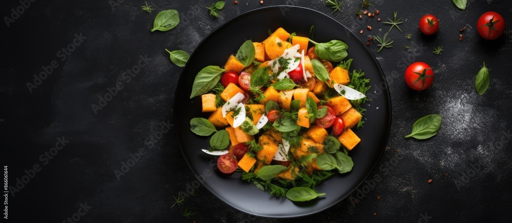 Aufkleber top-down copy space image of a salad made with pumpkin and basil ingredients on a grey background, r