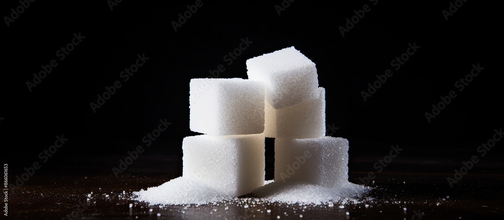 Poster Closeup shot of cube and granulated sugar against a dark backdrop with empty space for text or graphics. with copy space image. Place for adding text or design