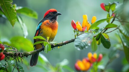 A Hooded Pitohui perches on a branch in a Papua New Guinea rainforest, its striking plumage vivid against the lush greenery. This bird's toxic nature adds to its mystique.