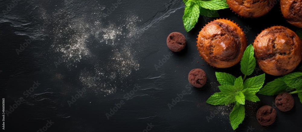Poster top view of chocolate and mint muffins against a dark slate background, providing a spacious area fo
