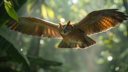 Fototapeta premium A Sunda Colugo glides gracefully between trees in a lush Southeast Asian forest, its winged membrane outstretched against the verdant canopy.