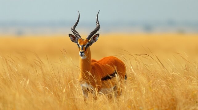 A Suni Antelope stands alert in the golden grass of an East African savannah, blending seamlessly with its surroundings.