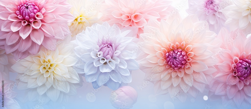 Poster soft pastel card with delicate roses and dahlias framing, creating a festive blooming background wit