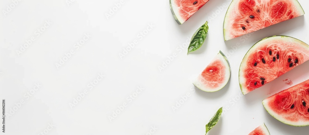 Leinwandbilder scandinavian-styled flat lay featuring fresh watermelon slices on a white table with copy space for 