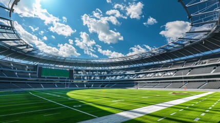 Open air american football stadium with lush green field under clear blue sunny sky