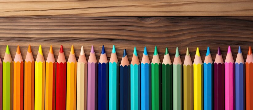 Colorful array of colored pencils aesthetically arranged on a wooden backdrop with ample copy space image.