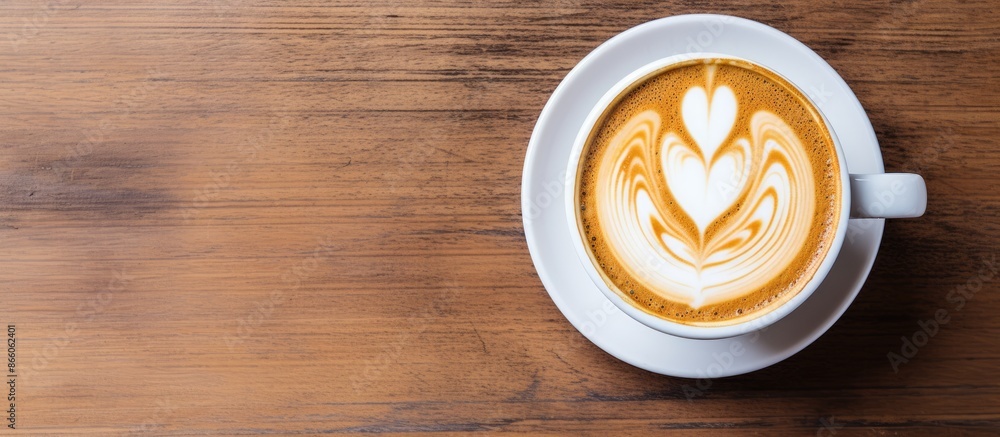 Poster Top view image of a hot latte with latte art in a white cup on a wooden table, featuring copy space for text.