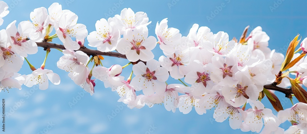Poster scenic view of fruit tree blossoms set against a clear blue sky, ideal for backgrounds with copy spa