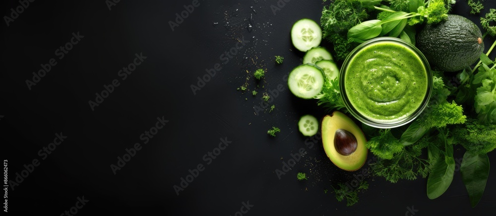 Poster a glass of nutritious green smoothie featuring cucumbers, spinach, avocado, and celery arranged on a