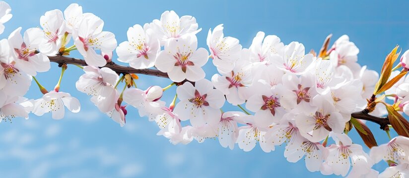 Scenic view of fruit tree blossoms set against a clear blue sky, ideal for backgrounds with copy space image.