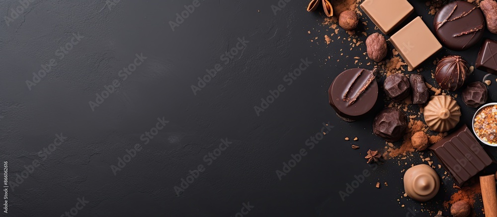Poster various types of chocolate displayed in a flat lay arrangement on a gray background, providing ample