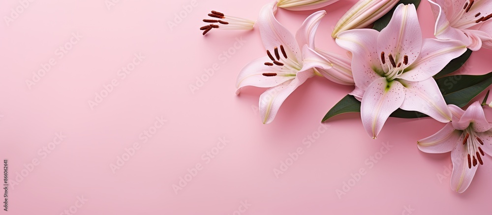 Aufkleber Lily flowers arranged on a soft pink surface for a flat lay image, providing ample copy space for text or design.