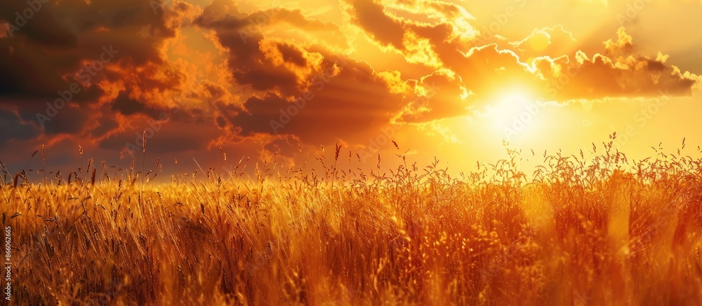 Poster Close-up nature photo with a rich harvest idea against a sunset backdrop of ripening yellow wheat on a cloudy orange sky with copy space image of setting sun rays in rural meadow.
