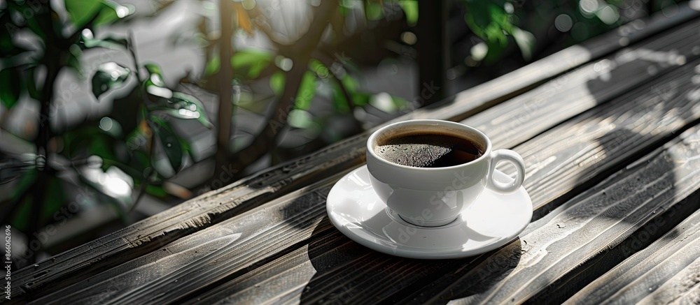 Poster coffee placed in a white cup with a black color palette on a wooden balcony, illustrating a relaxing