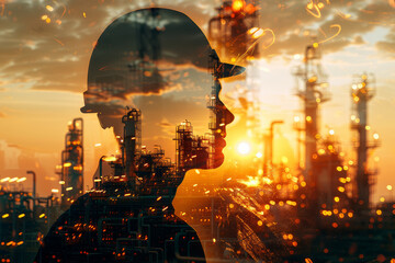 Double exposure of head of male engineer in protective helmet and oil plant, sunset lighting. Graphic element, layout for advertising industry, oil, gas, petrochemical refining