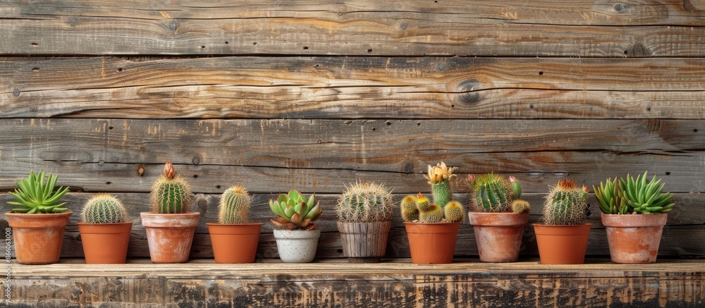 Leinwandbilder cactus in small flowerpots , rustic wood background. with copy space image. place for adding text or