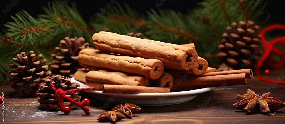 Fototapete A festive arrangement of cinnamon sticks, cookies, and a Christmas tree branch on the table with a background suitable for adding a copy space image.