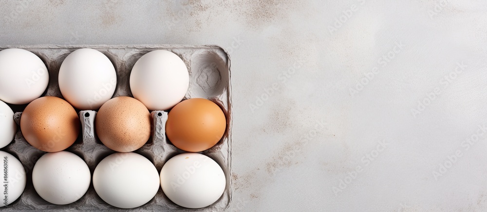 Leinwandbilder top view of white chicken eggs in a carton box on a grey textured background with copy space image.