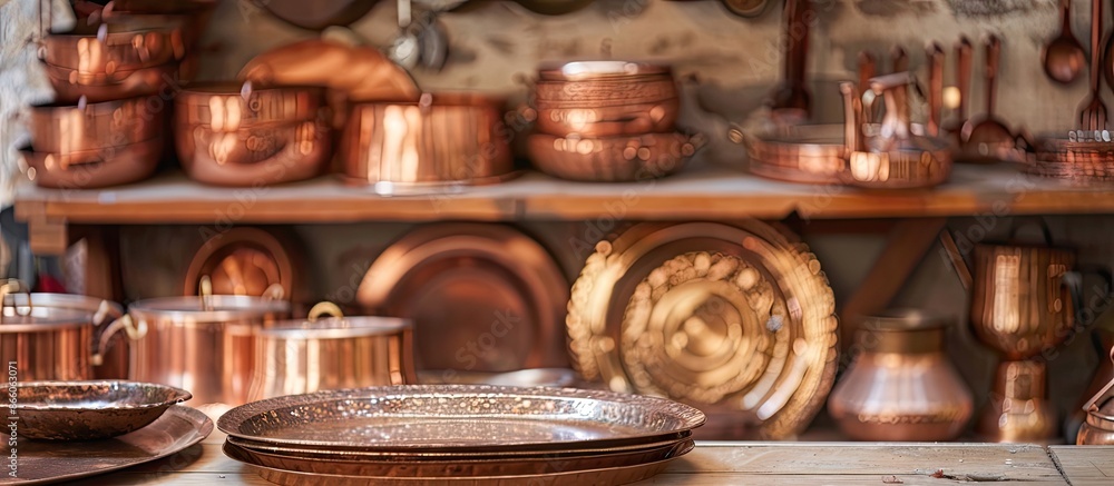 Poster copper kitchenware on the ground. local copper materials in the shop. with copy space image. Place for adding text or design