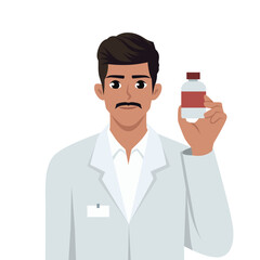 Young pharmacist in medical uniform hold bottle in hands. Flat vector illustration isolated on white background