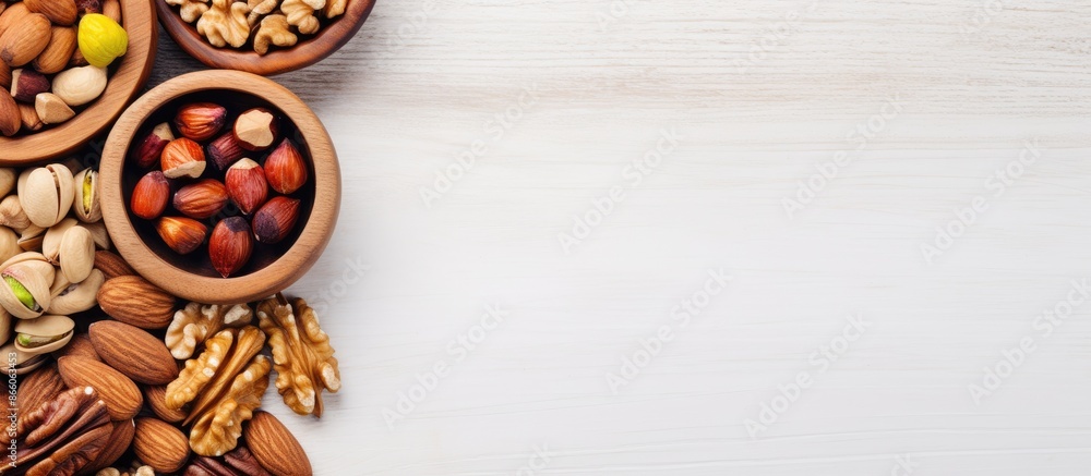 Fototapete top view of a wooden bowl with assorted nuts on a white table, creating a healthy snack with walnuts