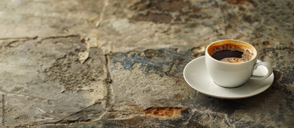 Aufkleber stone background showcasing a solitary espresso cup with ample copy space image available.