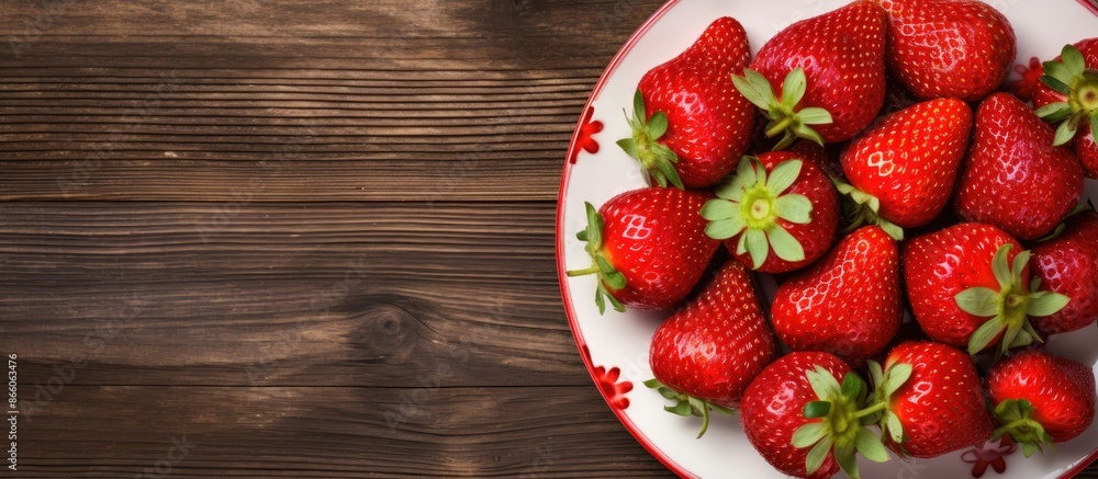 Aufkleber freshly harvested strawberries arranged on a rustic wooden backdrop in a white metal plate with a re