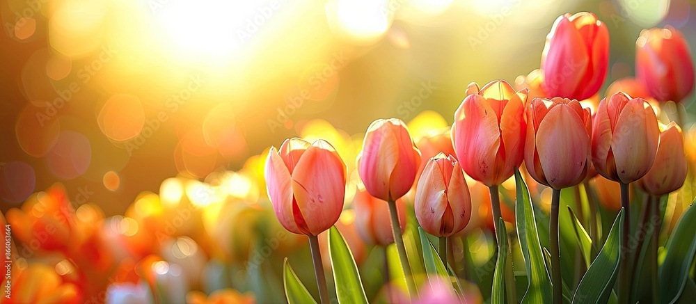Poster tulips adding beauty to a bright background with copy space image.
