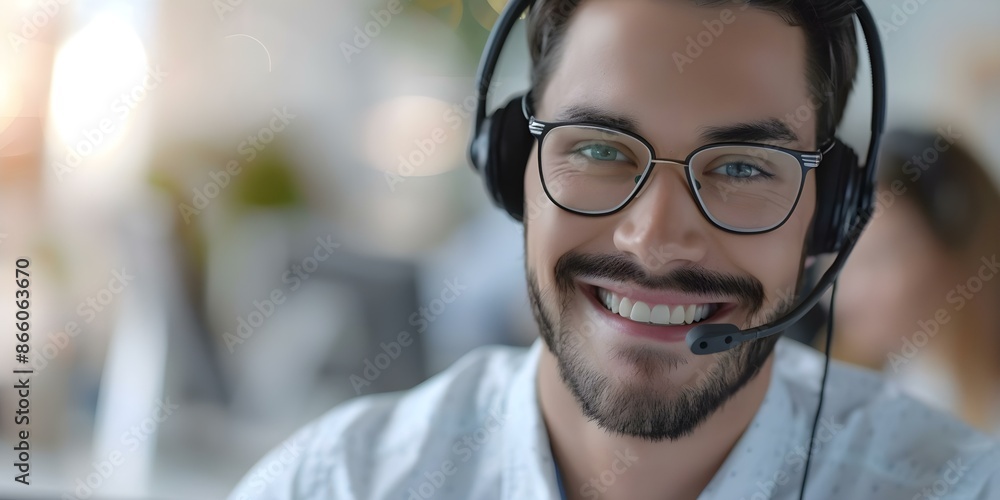 Poster male tech support agent assisting a client while using a hands-free headset in a call center. concep
