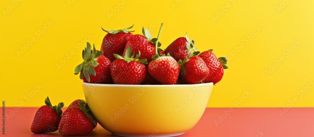 Aufkleber a bowl filled with ripe red strawberries, set against a bright yellow background, creating a mouthwa