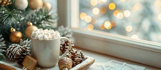 Morning Christmas coffee with marshmallows and Christmas decorations on a tray table by the window on the windowsill. with copy space image. Place for adding text or design