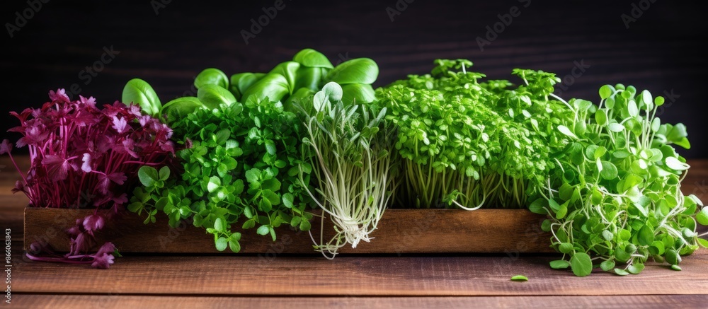 Poster Various microgreens varieties displayed on a wooden backdrop with copy space image.