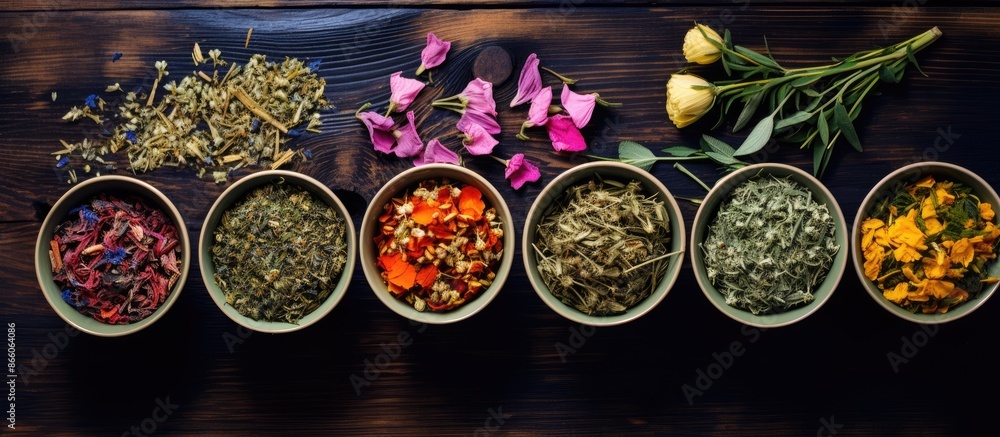 Poster different types of herbal tea with medicinal herbs viewed from above, showcasing a blank area for ad