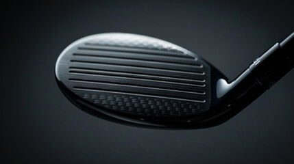 Close-up image of a sleek and modern golf club head against a dark background, showcasing its design.