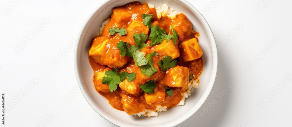 Aufkleber indian style cottage cheese curry in a bowl on a white stone background with copy space image. top-d