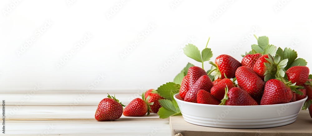 Aufkleber square dish with fresh strawberries displayed on a white wooden table background, ideal as a copy sp