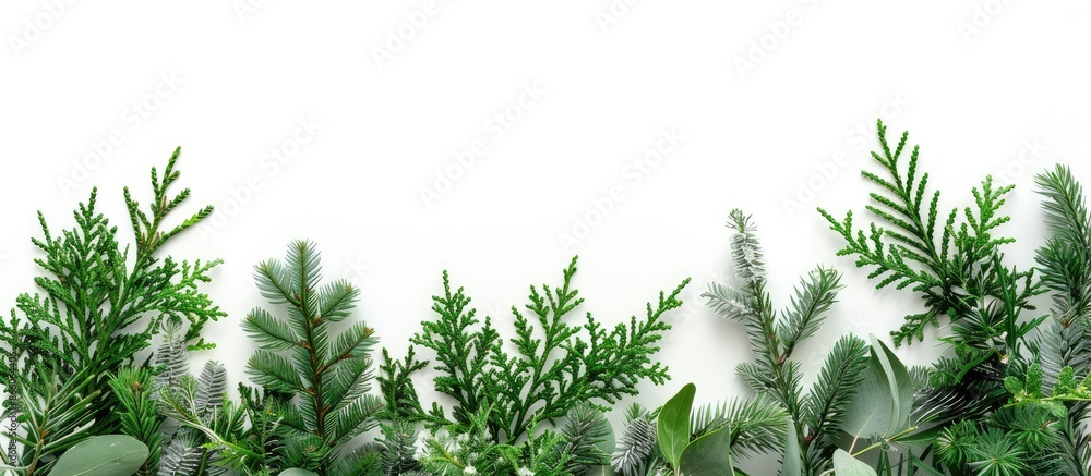 Poster a festive christmas-themed arrangement featuring holiday greenery on a white backdrop. viewed from a