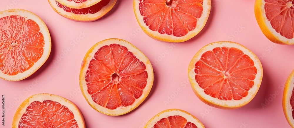 Poster grapefruit slices arranged on a pink backdrop with copy space image.