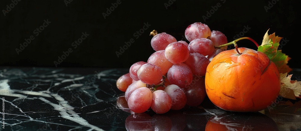 Aufkleber ripe pink grapes and a persimmon isolated on black background with copy space image.