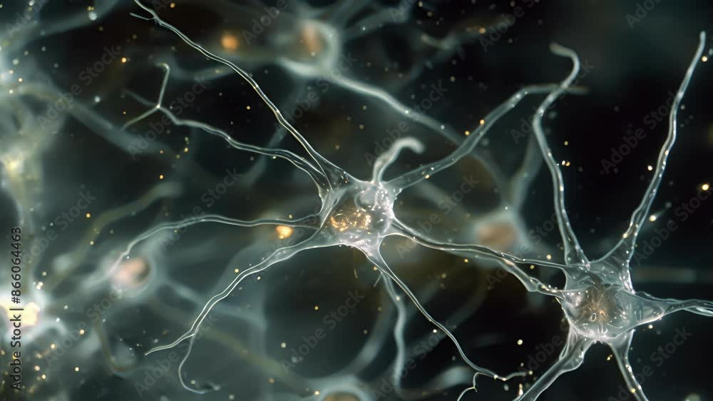 Poster a of newlyformed neurons in the brain identifiable by their budding dendrites and round soma.