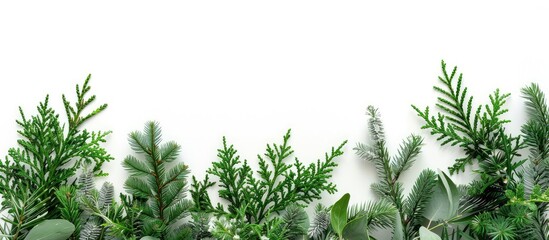 A festive Christmas-themed arrangement featuring holiday greenery on a white backdrop. Viewed from above with space for additional content or text.