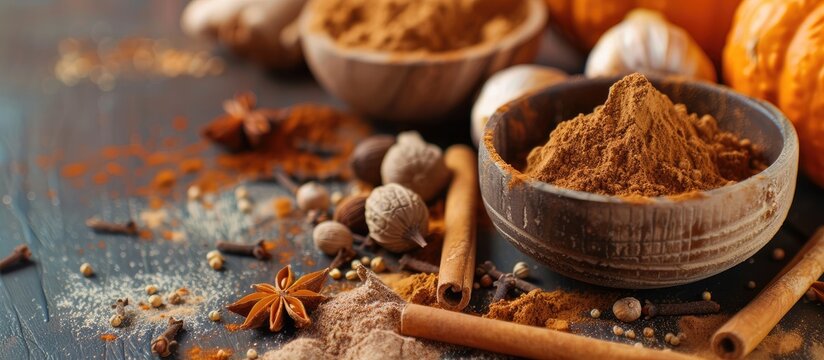 Essential spices for pumpkin spice include cinnamon, nutmeg, allspice, clove, and ginger with copy space image.