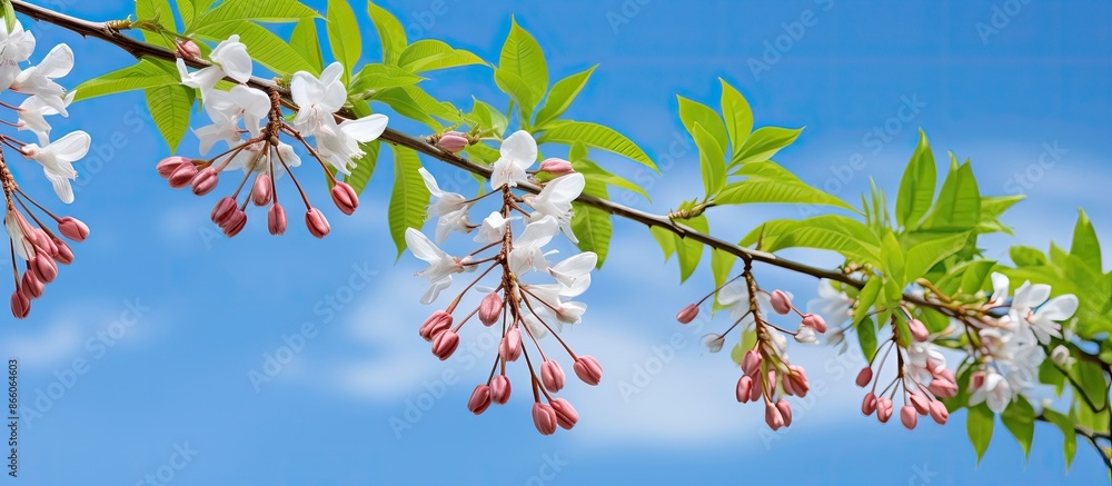 Aufkleber chinaberry tree's (melia azedarach) leaves and flowers in spring against a blue sky backdrop, with a