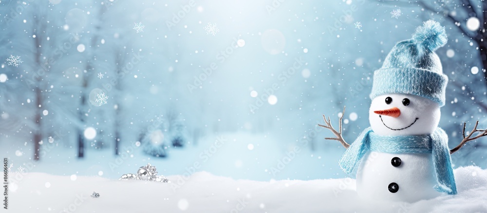 Poster snowman with a festive hat in a winter wonderland setting with copy space image.