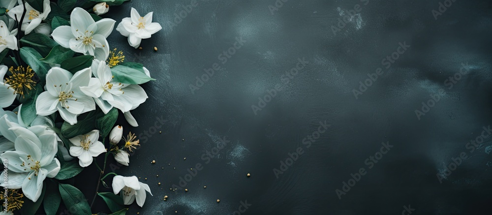 Aufkleber Flat lay composition featuring flowers on a green and grey backdrop with space for text or images. with copy space image. Place for adding text or design