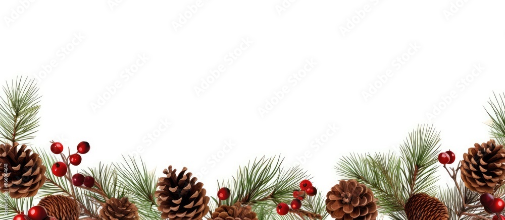 Poster a christmas-themed border frame featuring tree branches, red berries, and pine cones on a white back