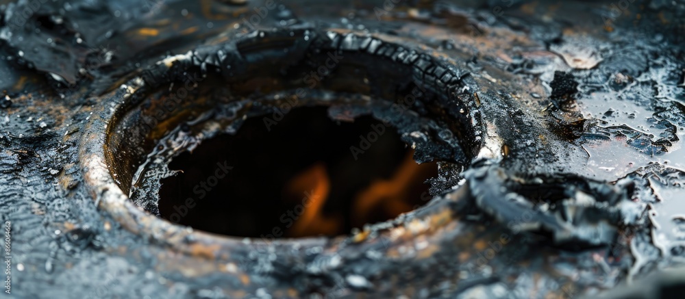 Aufkleber Selective focus on a charred hole in a plastic trash can or bin with a background for adding text or elements, ensuring a copy space image.