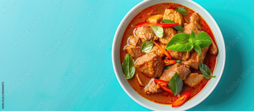 Poster blue background displays a white bowl of panaeng curry with pork, creating a vibrant copy space imag