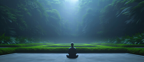 Meditating person in a quiet garden surrounded by lush greenery, calm and centered, peace wallpaper