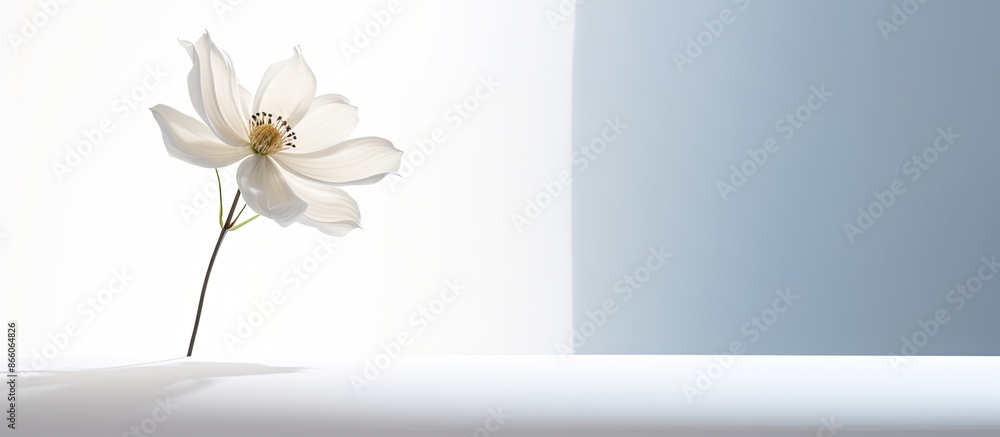 Fototapete white flower on a white backdrop casting a shadow to the right with copy space image.